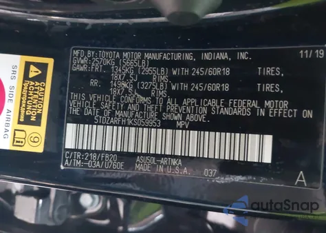 2019 Toyota Highlander Le from USA, damaged, VIN 5TDZARFH1KS059953